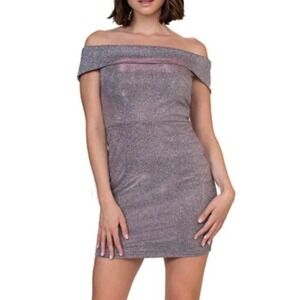 Jump Apparel Off the Shoulder Metallic Mini Dress in Purple